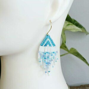 Boho Chic Beaded Cascade Fringe Dangle Earrings, Seed Bead Jewelry 3"